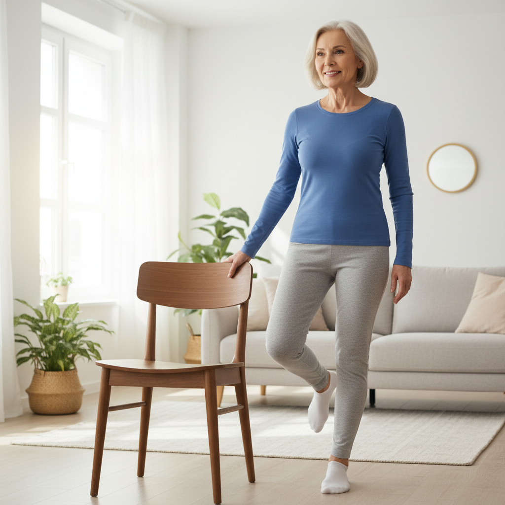 Older adult practicing balance at home near a sturdy chair