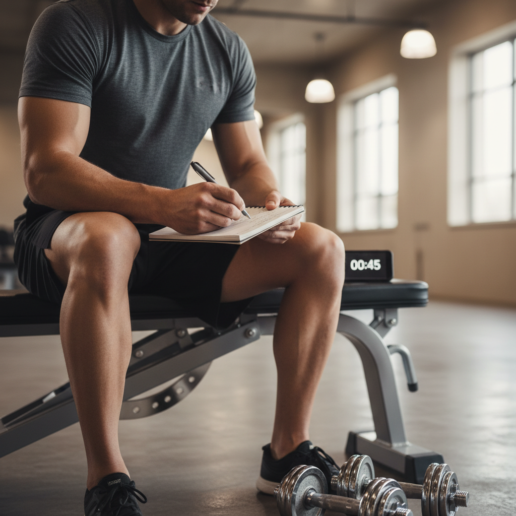 Person tracking strength training progression with notebook and phone timer