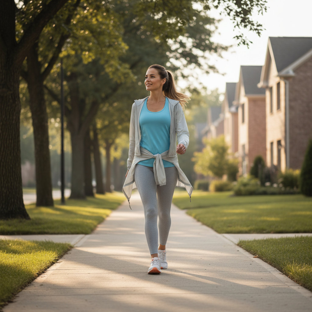 Beginner doing low-impact cardio walking in a neighborhood