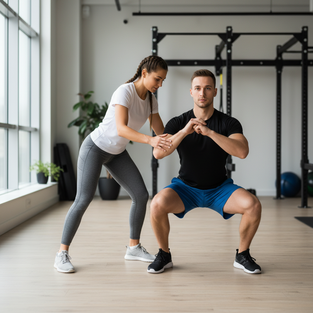 Trainer coaching a split squat isometric hold with proper alignment