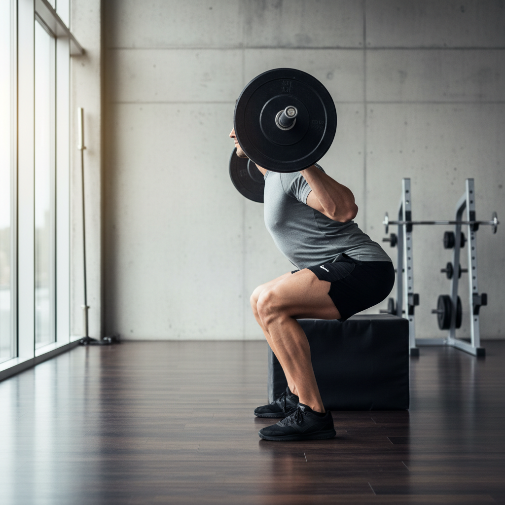 Box squat setup to emphasize glutes with controlled depth