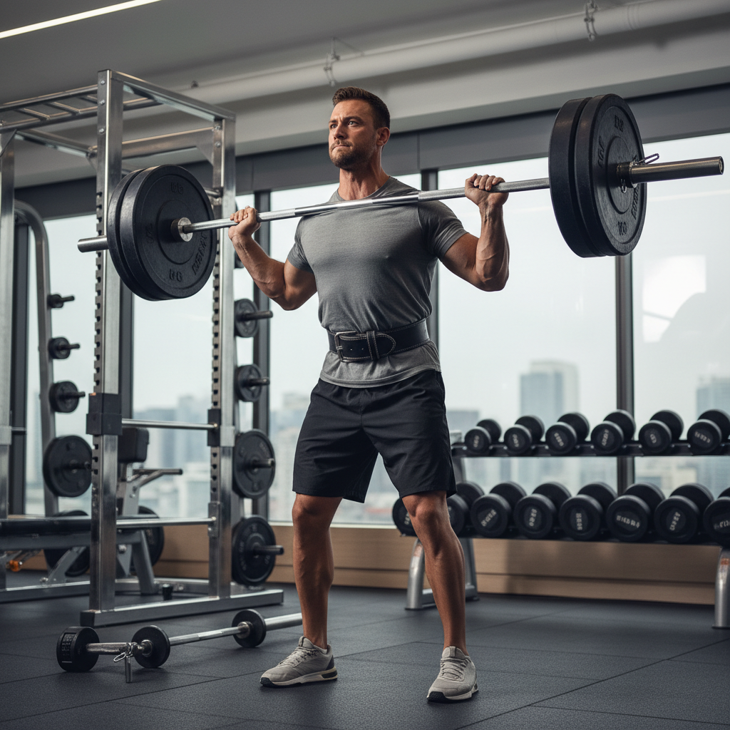 Lifter bracing with a weight lifting belt before a heavy squat