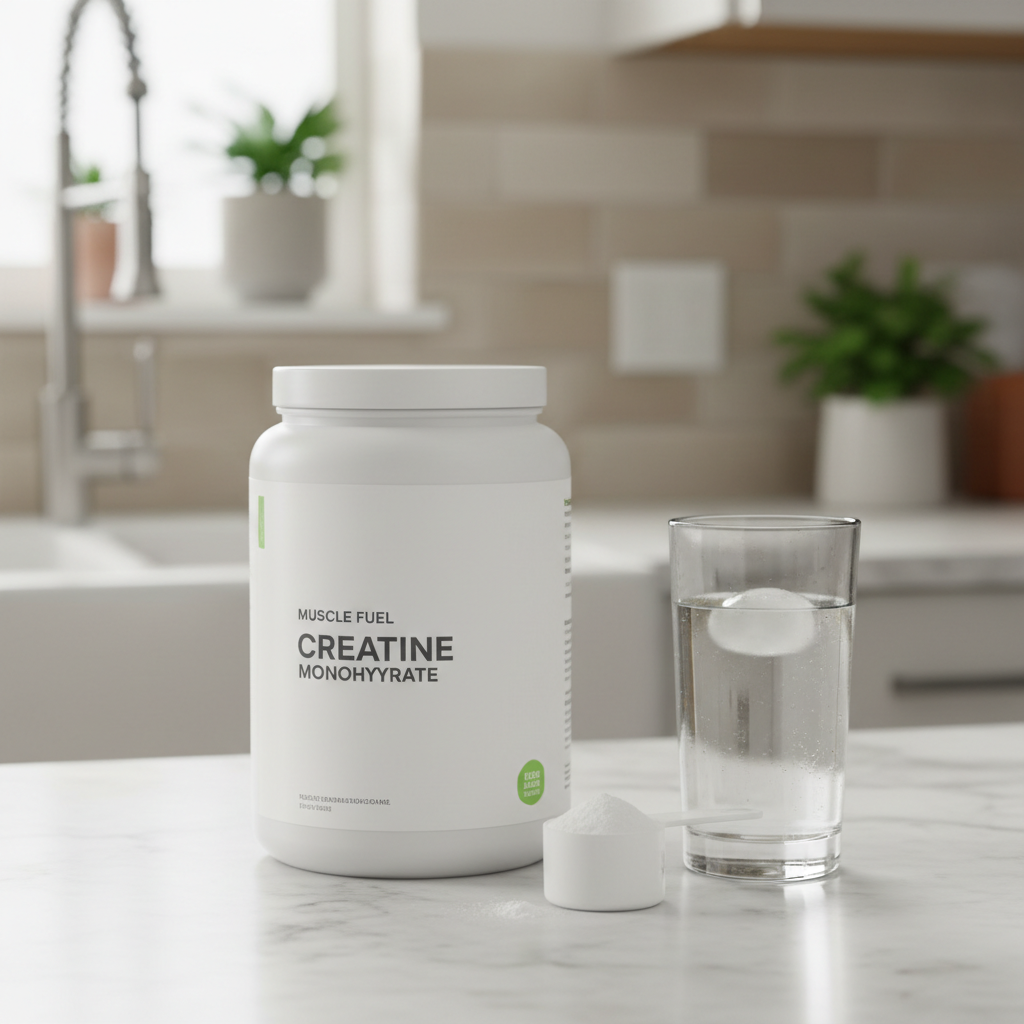 Creatine powder and measuring scoop on a kitchen counter for beginner supplementation