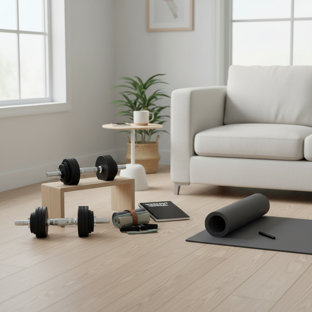 Home strength training setup with dumbbells and resistance bands