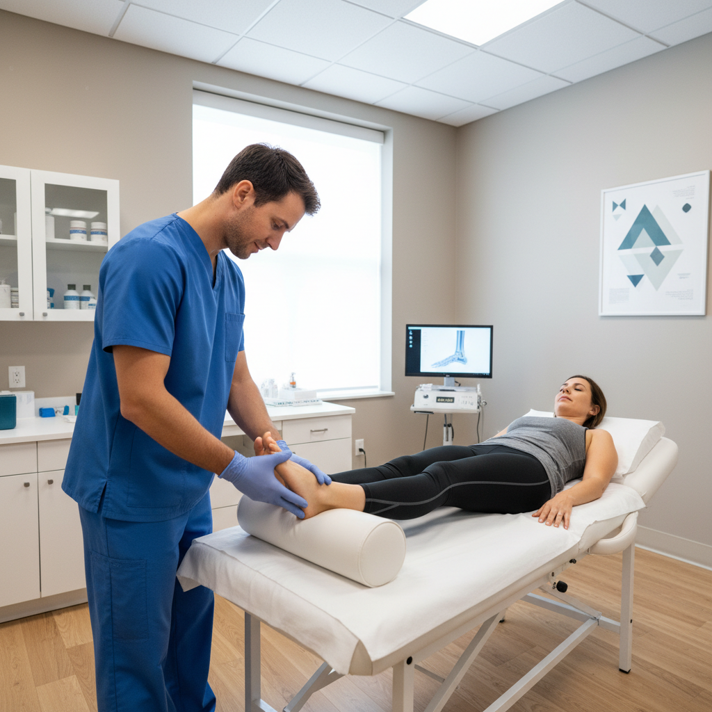Sports medicine clinician examining a sprained ankle