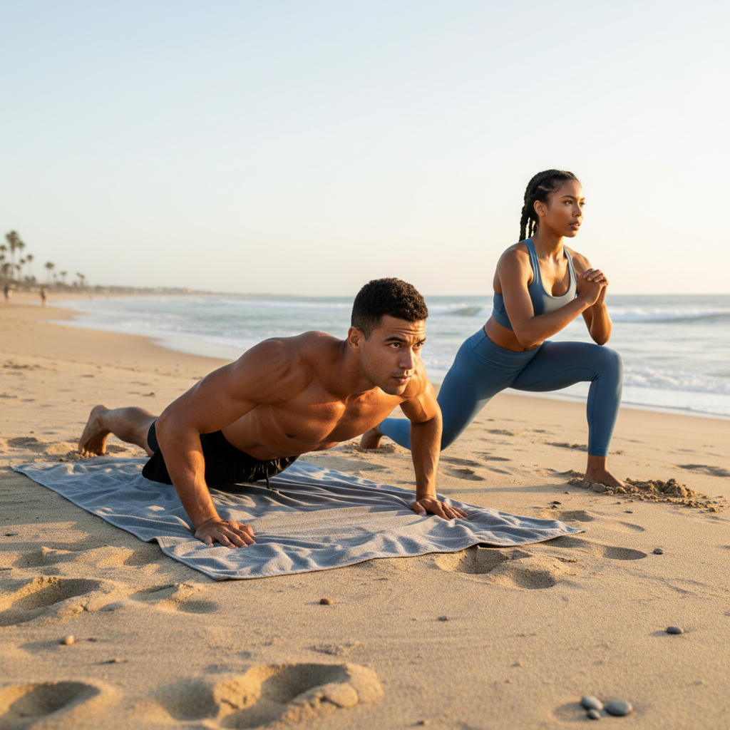 Beach fitness strength circuit using bodyweight exercises on sand