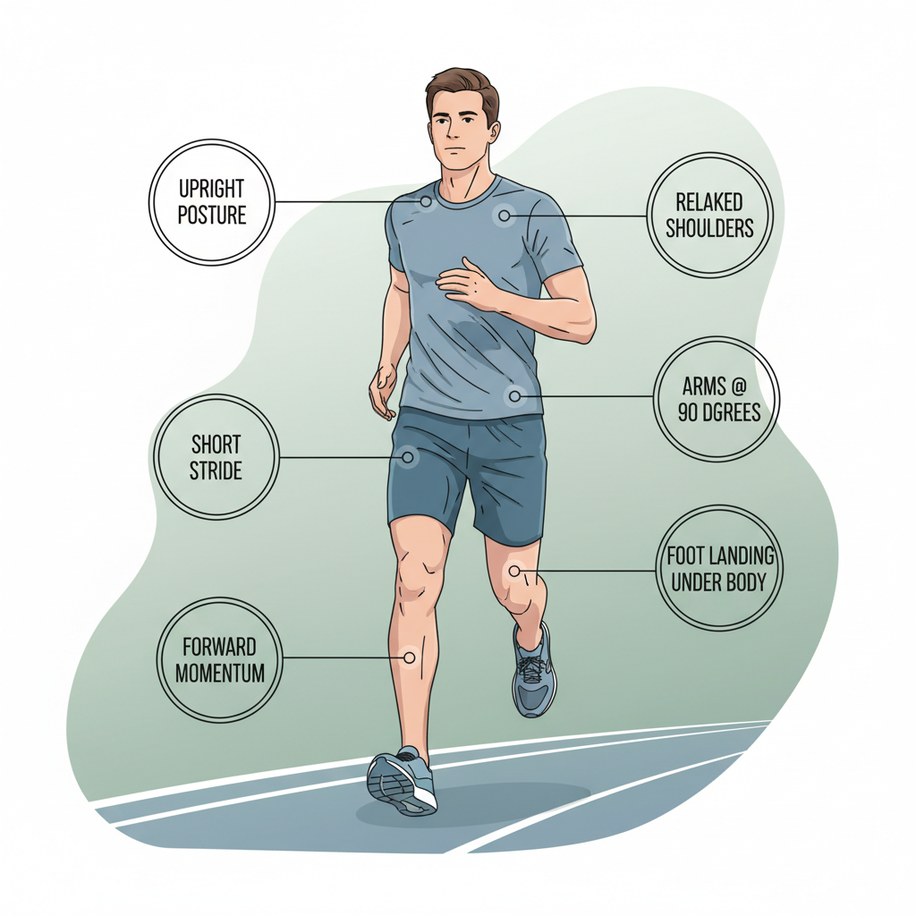 Beginner-friendly running form cues illustration in a clean modern style