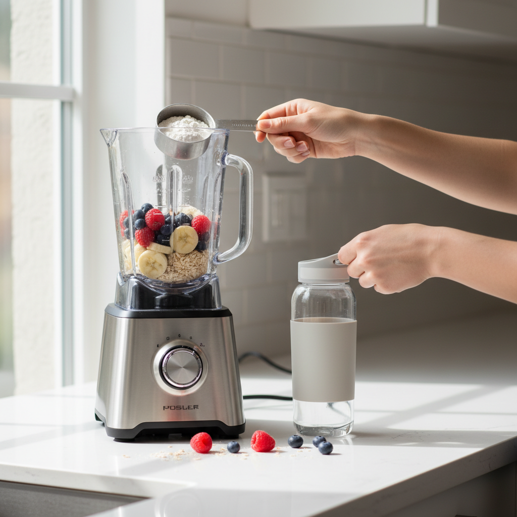Post-workout smoothie prep with fruit and protein powder