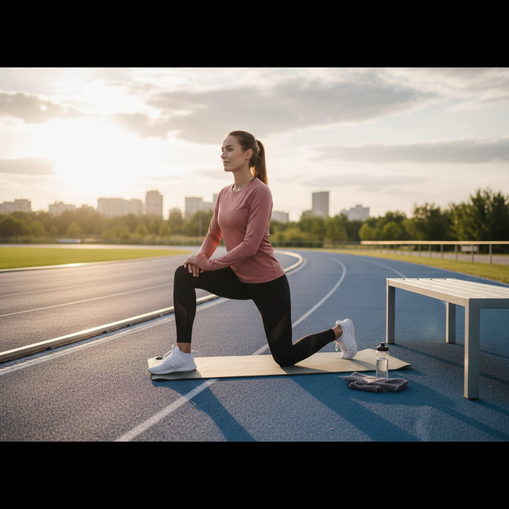 Post-run cooldown stretching routine focusing on calves and hip flexors