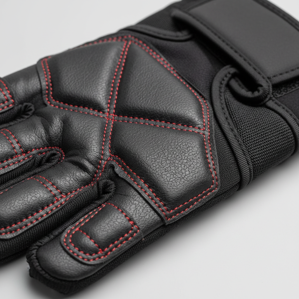 Close-up of glove seam and palm padding detail for weight lifting gloves