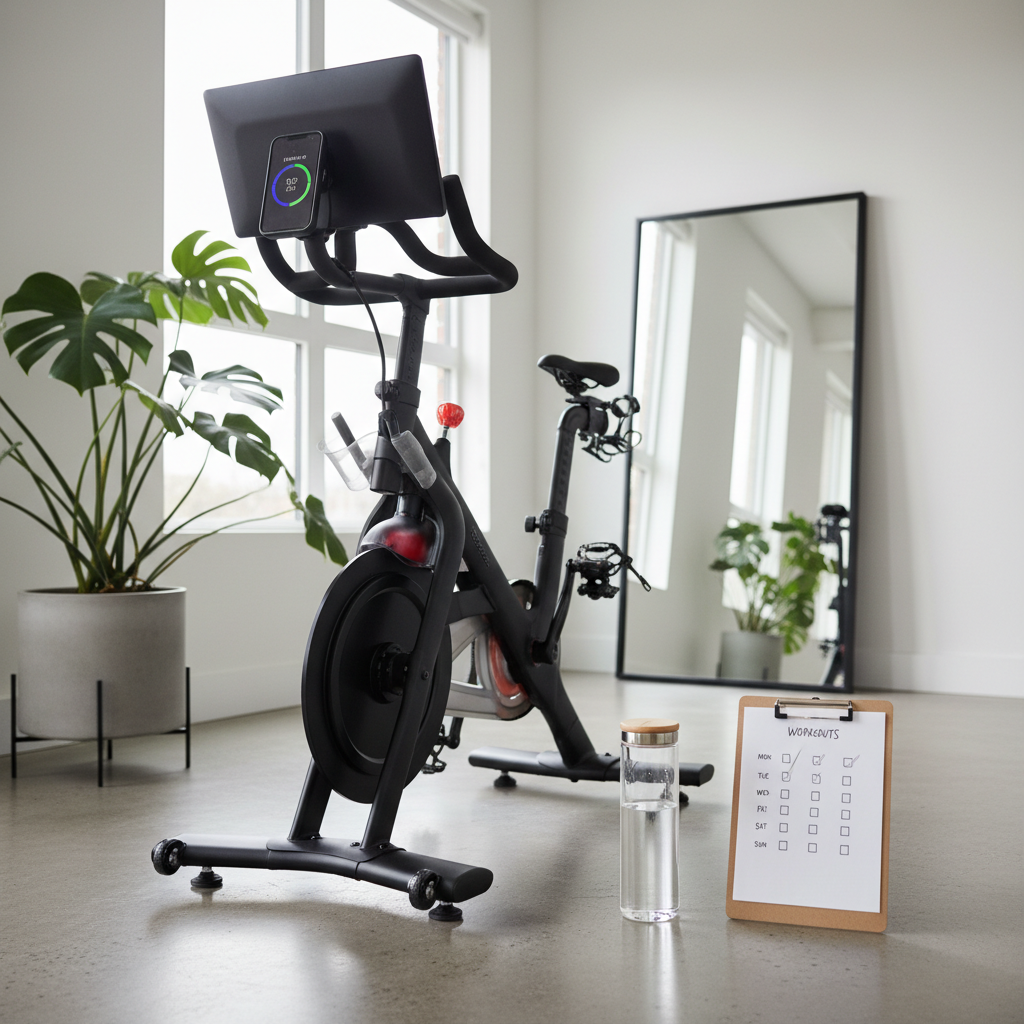 Home workout setup showing interval timer and stationary bike for fat burning cardio sessions
