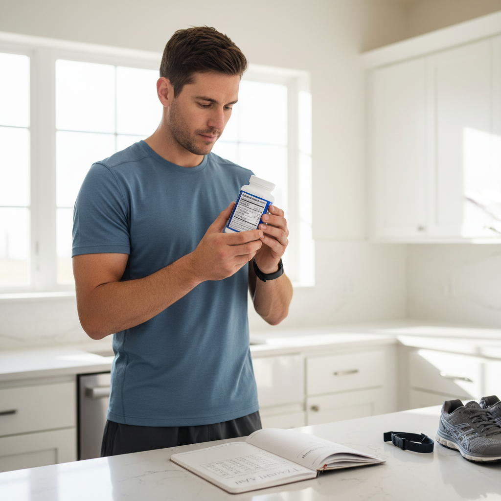 Runner reviewing omega-3 supplement label for EPA and DHA amounts