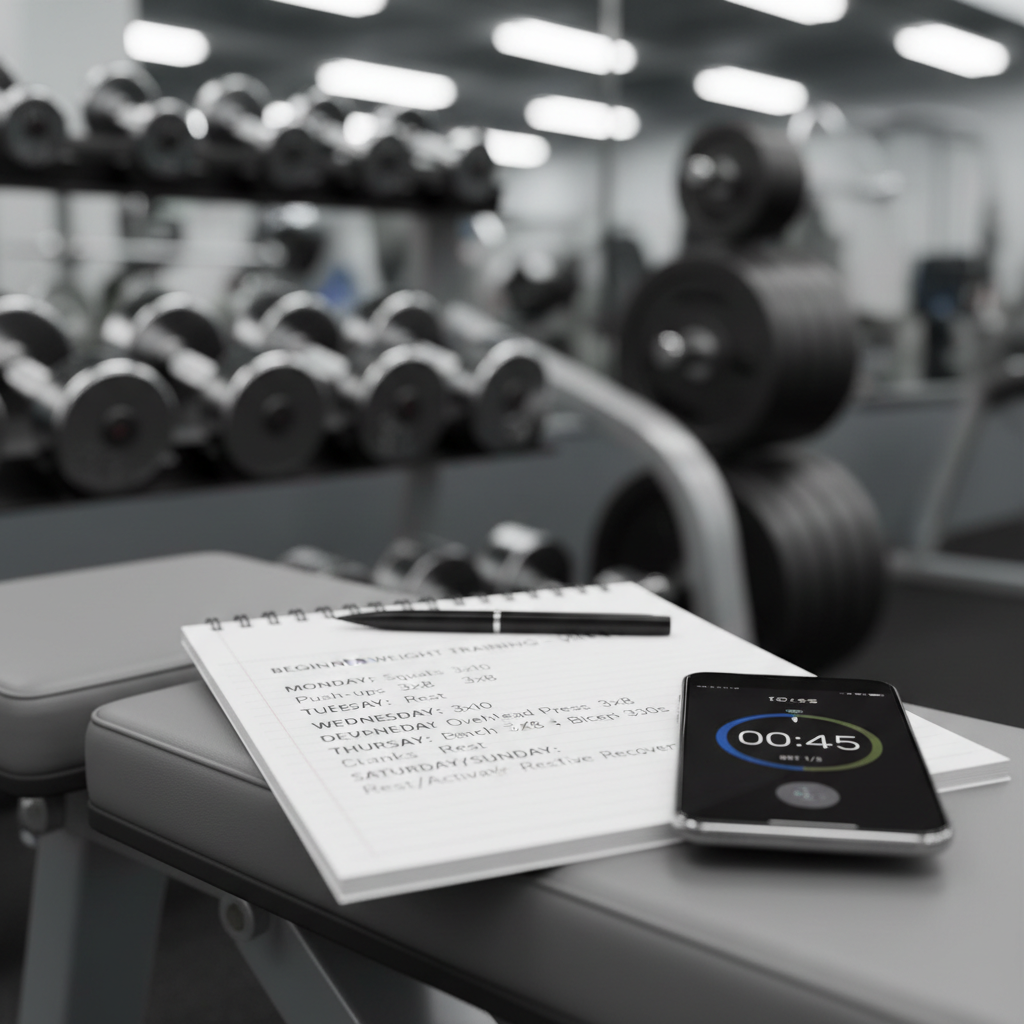 Simple beginner weight training workout plan written in a notebook