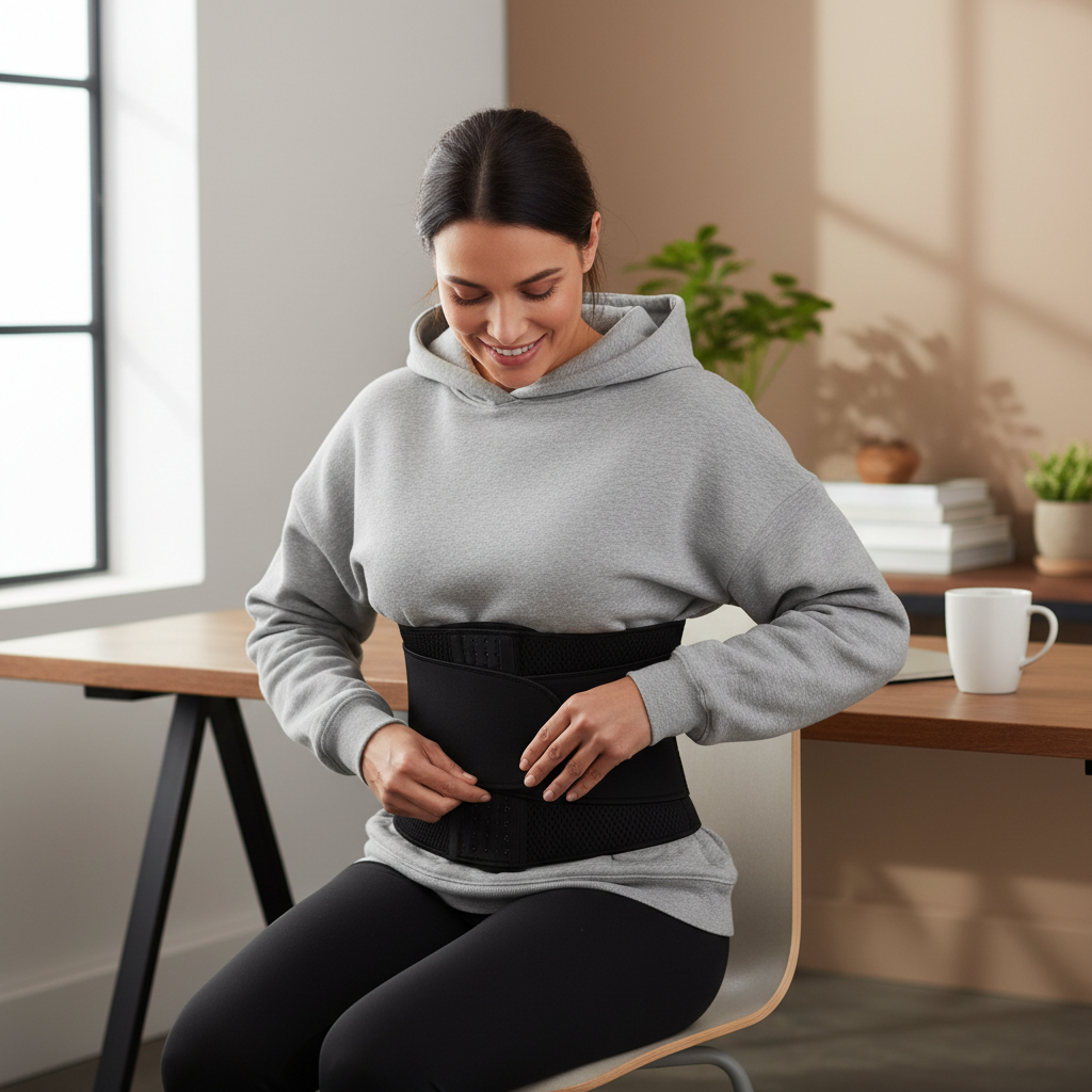 Person adjusting a waist trainer for posture support at a desk