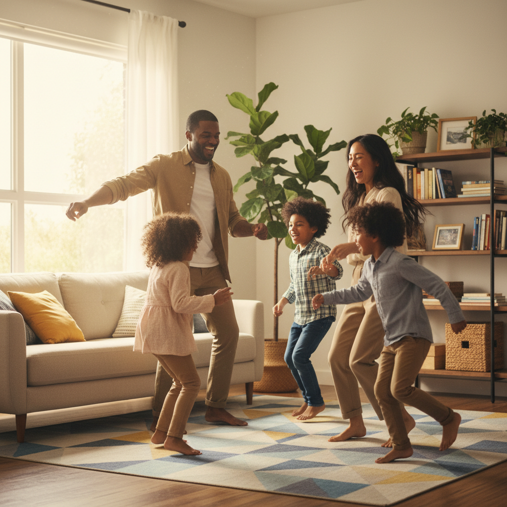Family doing a kids fitness dance break in the living room
