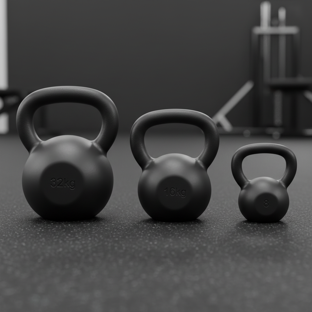 Different kettlebell sizes showing handle shape and window space