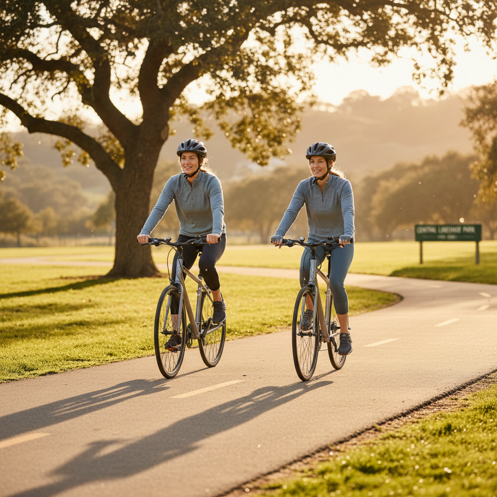 Two adults cycling outdoors on a paved trail for low-impact cardio