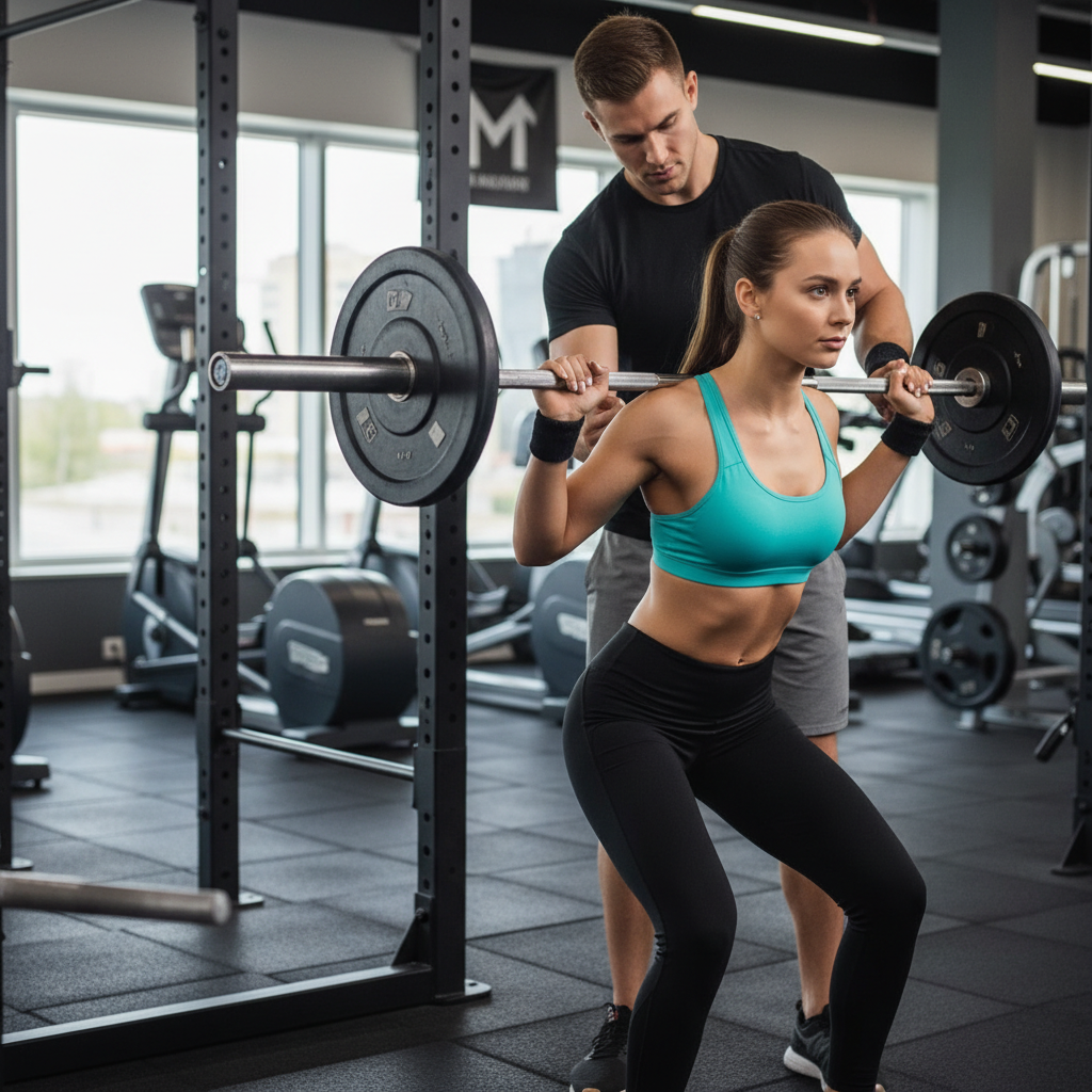 Trainer coaching a client through warm up ramp sets with a barbell