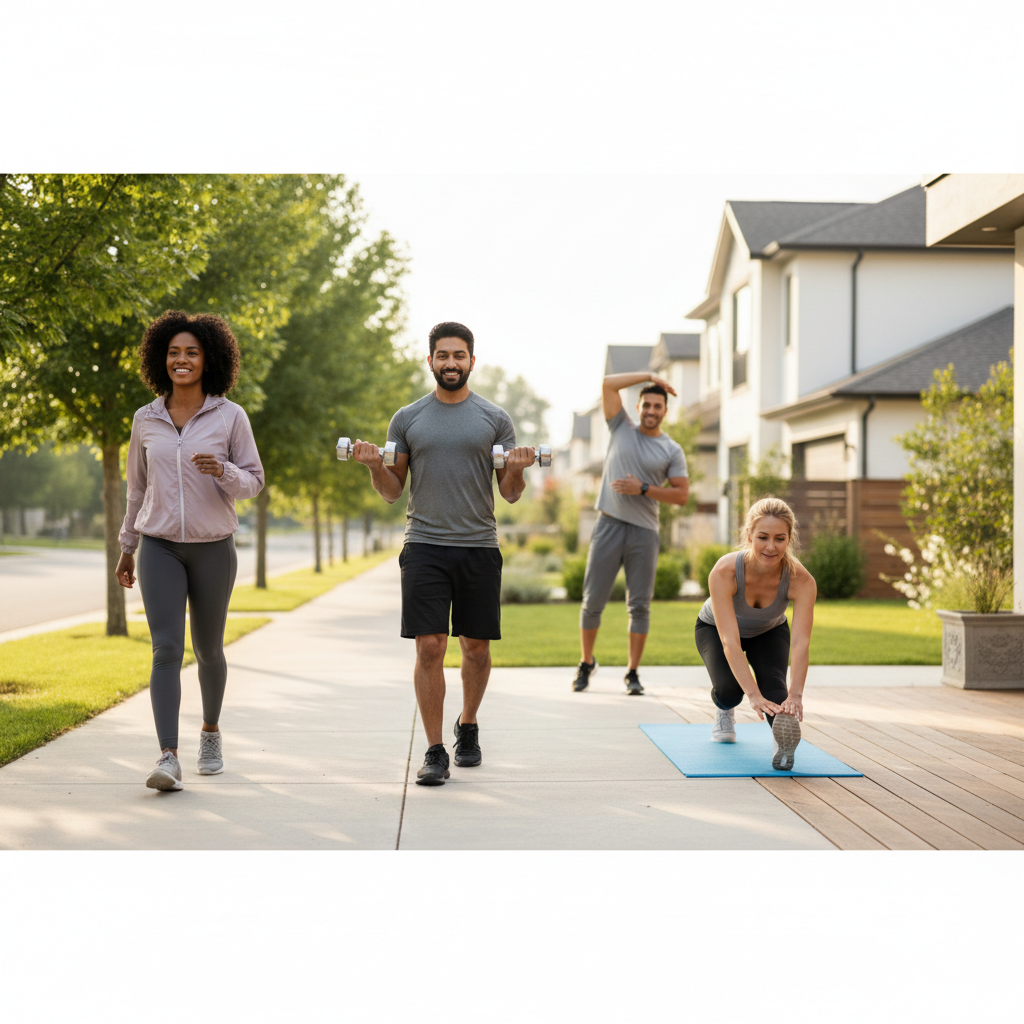 Active lifestyle routine with walking, strength training, and stretching for long-term health