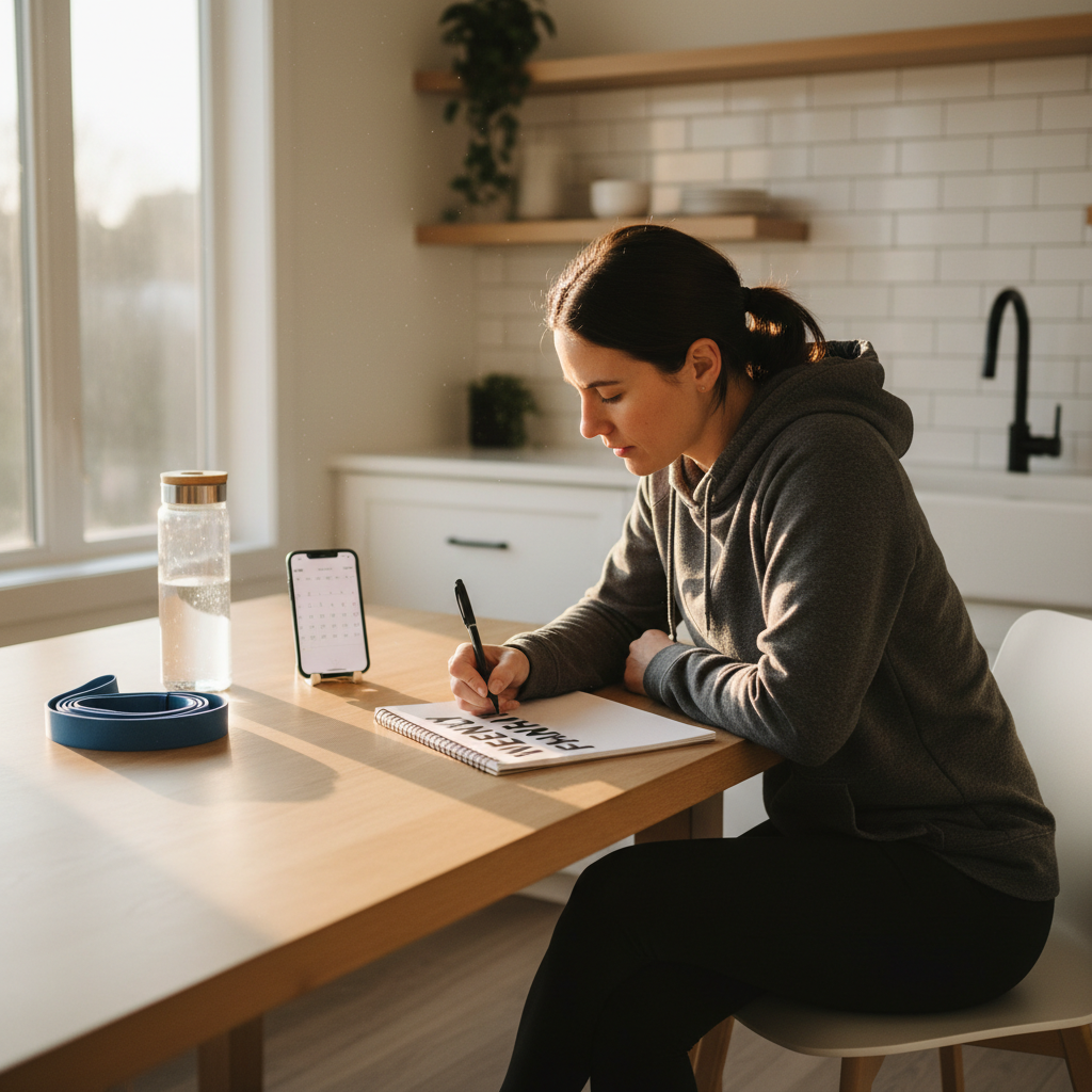 Person planning a weekly workout schedule for fitness motivation