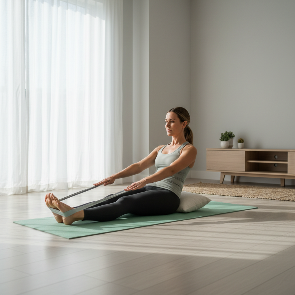 Beginner doing a Pilates mat routine at home with simple setup