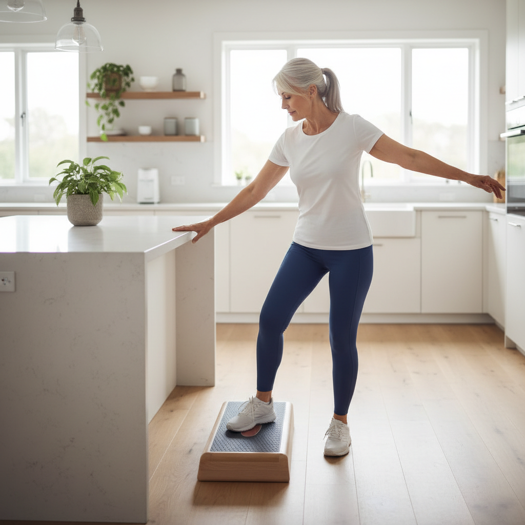 Senior doing step taps on a low step with hand support