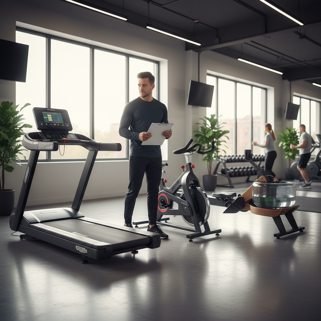 Person choosing between treadmill, bike, and rowing machine for fat burning cardio