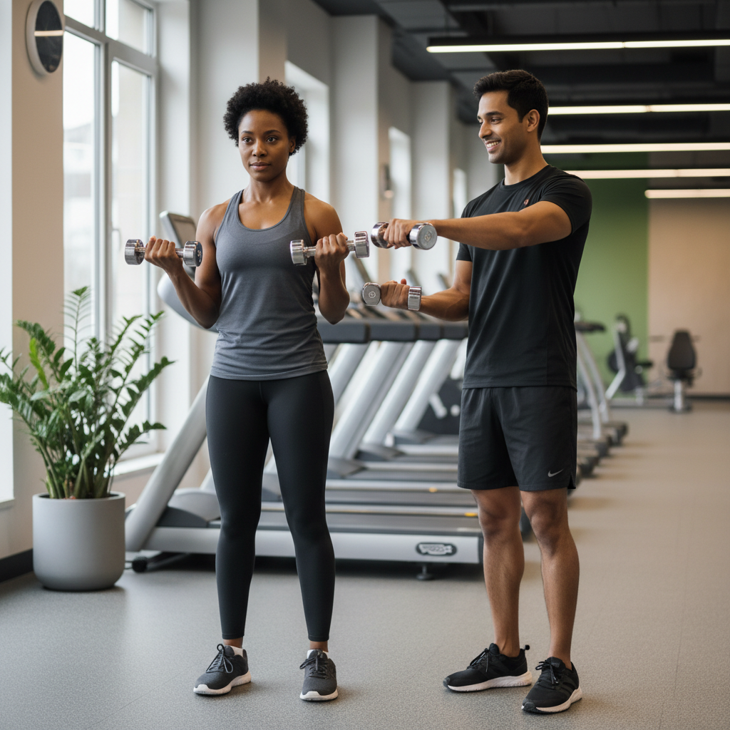 Beginner-friendly resistance training with dumbbells in a modern gym