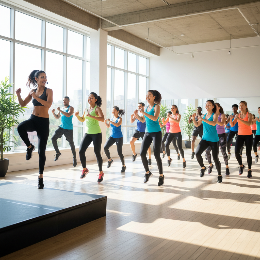 Group dance fitness class in a bright studio