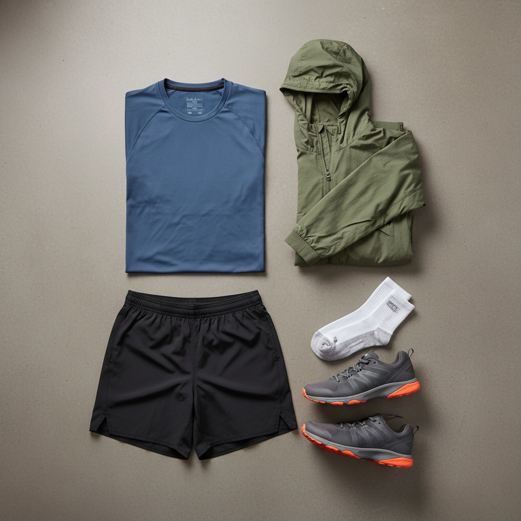 Flat lay of men’s sportswear essentials for training: shoes, socks, shorts, and moisture-wicking shirt