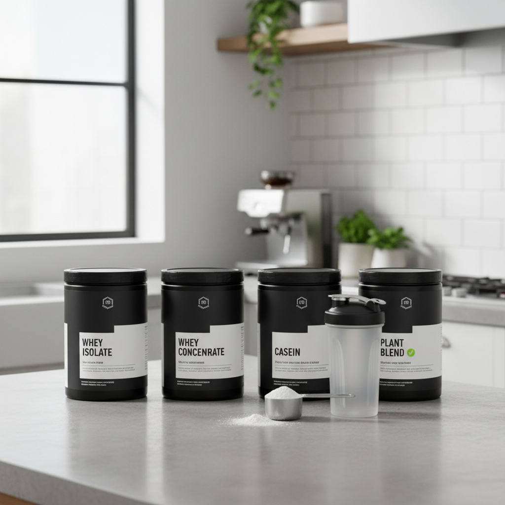 Protein powder types for muscle growth on a kitchen counter