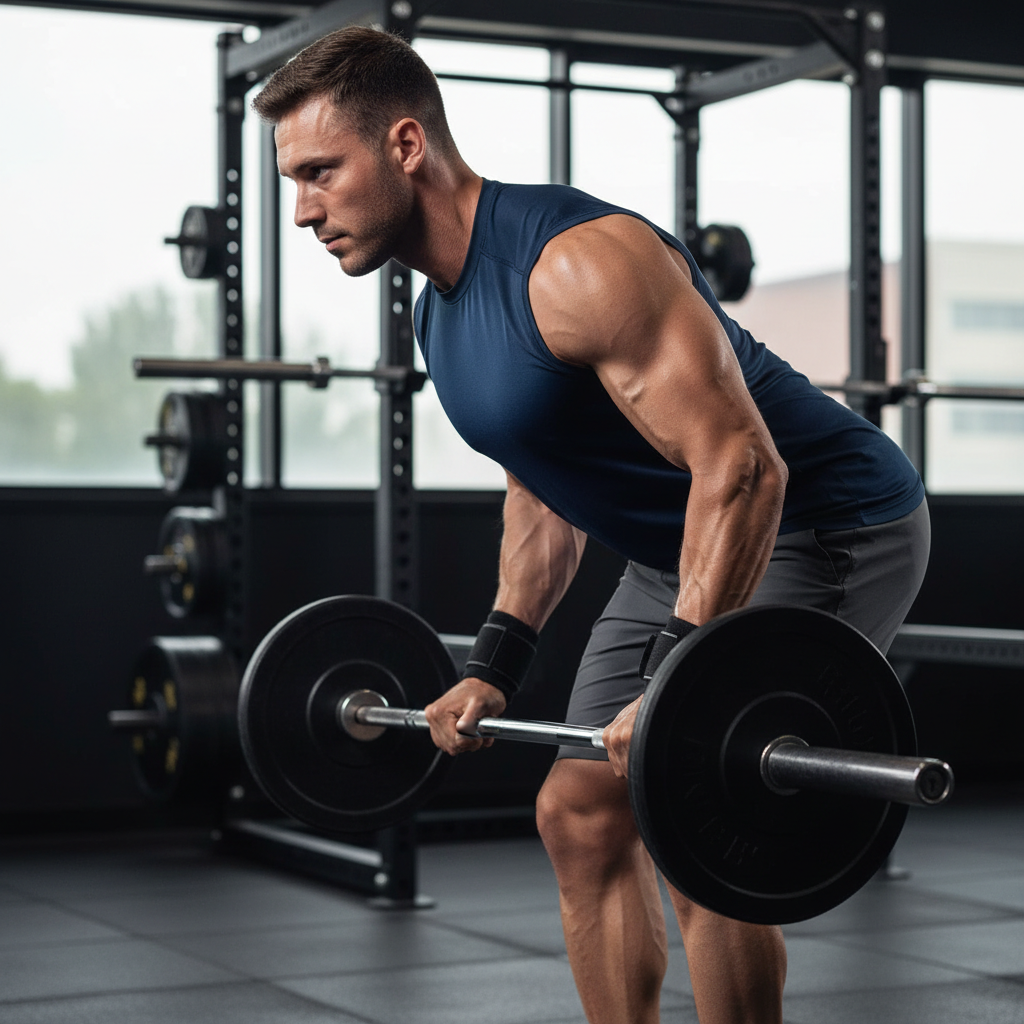 Lifter using lifting straps for barbell rows in a modern gym