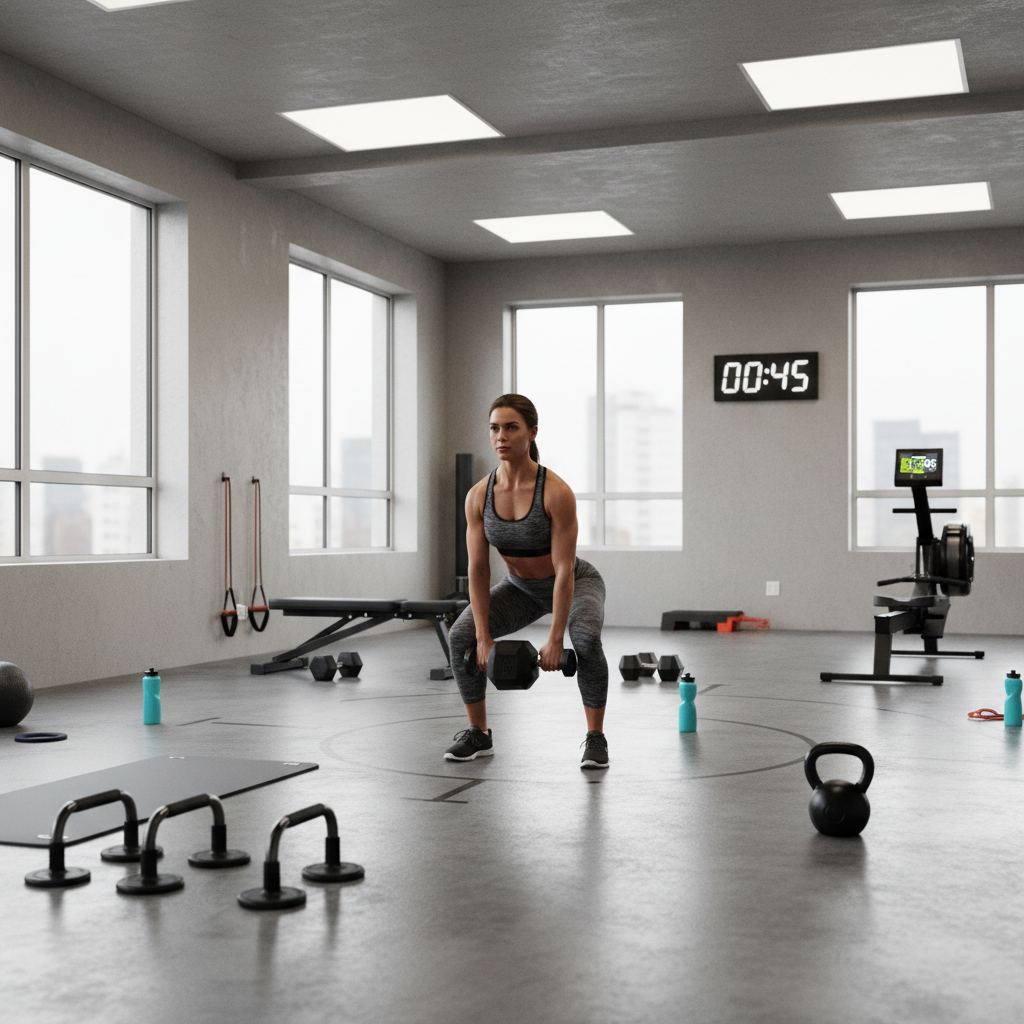 Trainer demonstrating a circuit training flow with strength and cardio stations