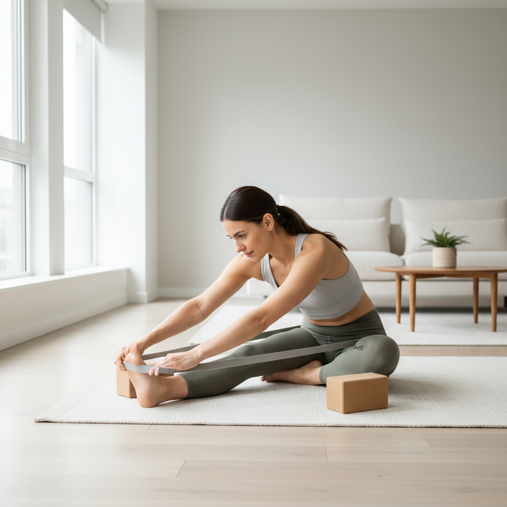 Beginner practicing yoga with blocks and strap in a bright living room
