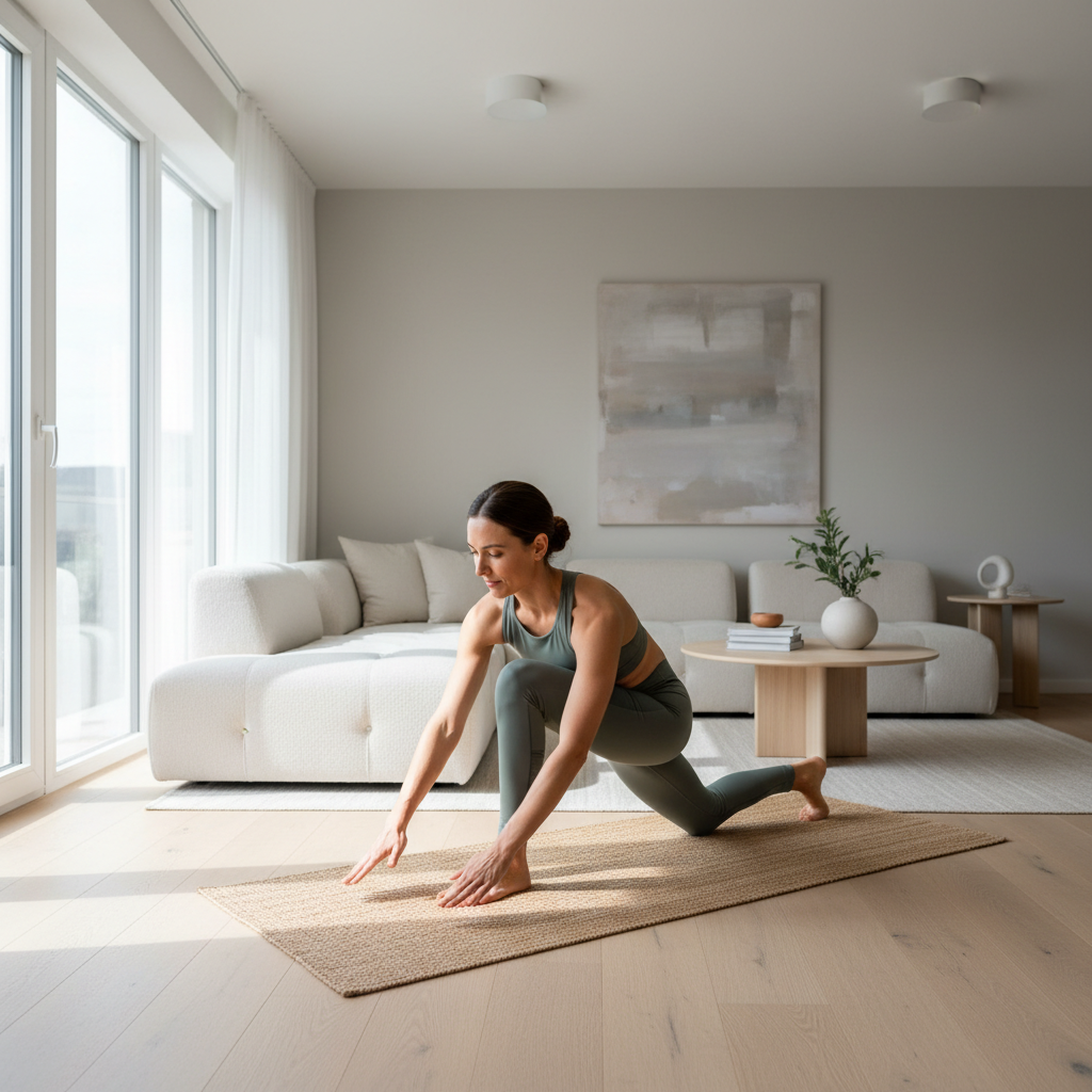 At-home flexibility training routine warm-up in a living room