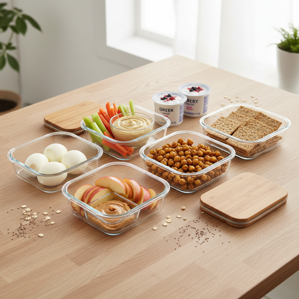 Simple table-style meal prep containers with protein and fiber snacks for gym energy