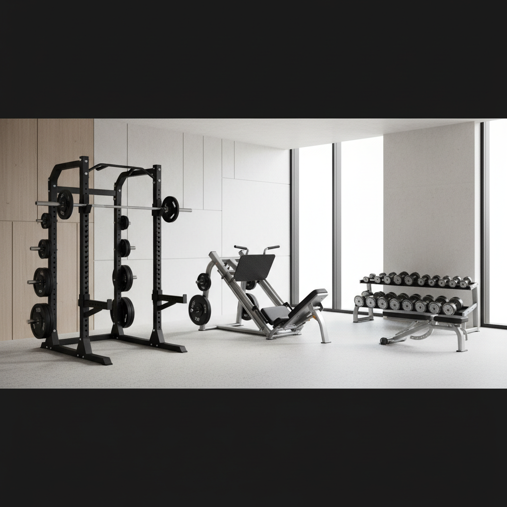 Leg training routine layout with squat rack and accessory stations in a modern gym