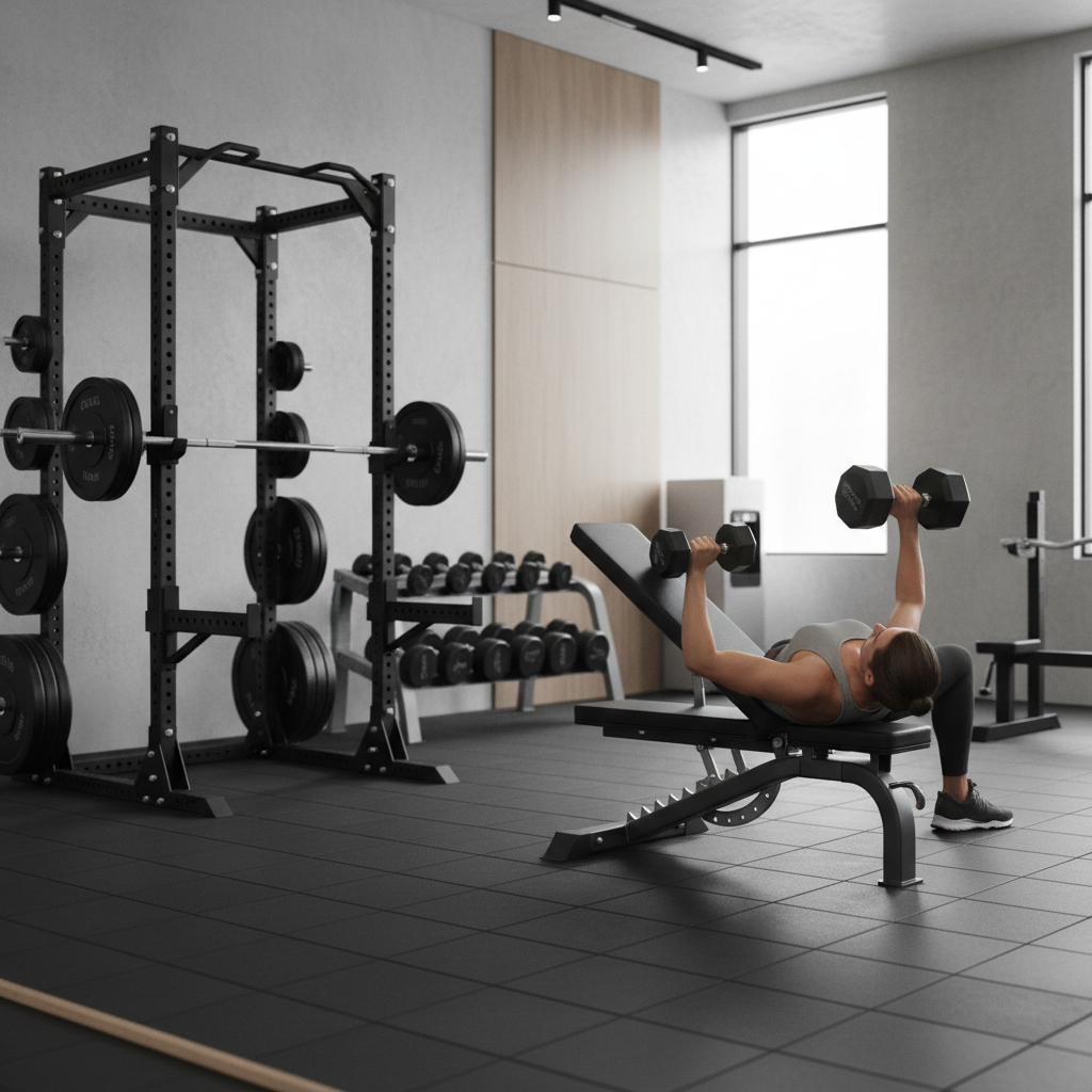 Strength-focused upper body workout with dumbbells and bench in a modern gym