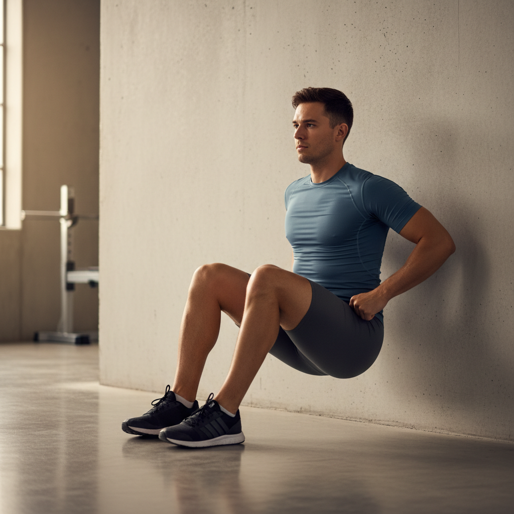 Athlete performing a wall sit isometric exercise for leg strength