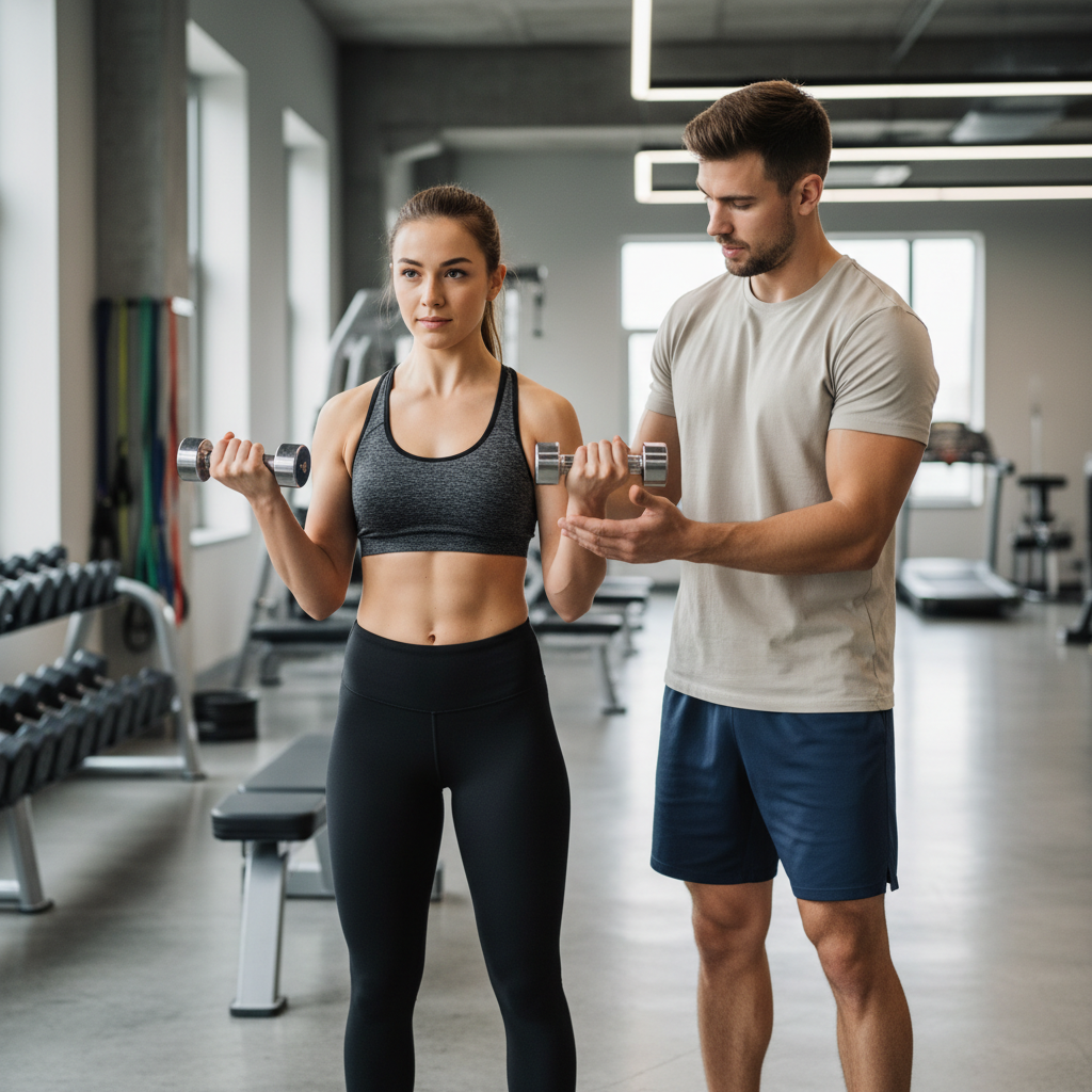 Beginner learning basic weight lifting form with dumbbells in a gym