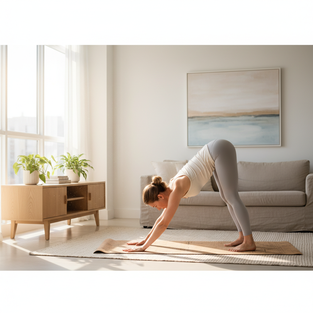 Beginner doing a 20-minute daily yoga routine at home on a mat