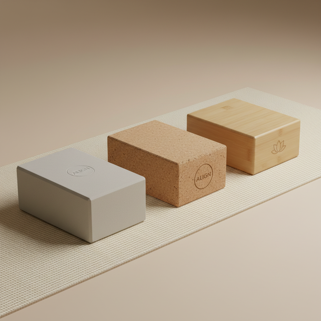 Different yoga block materials: foam cork and wood on a yoga mat