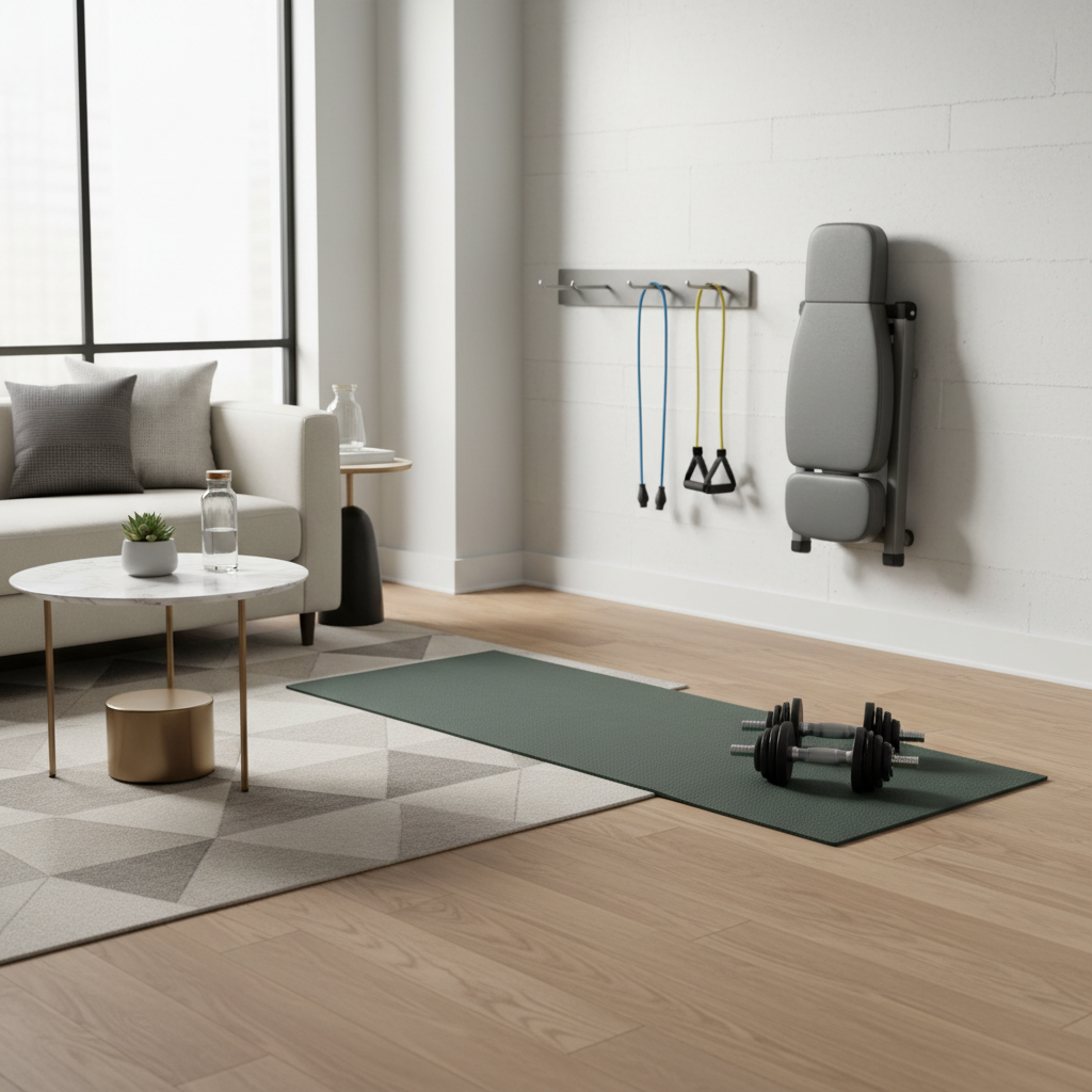 Small space fitness setup in a compact living room