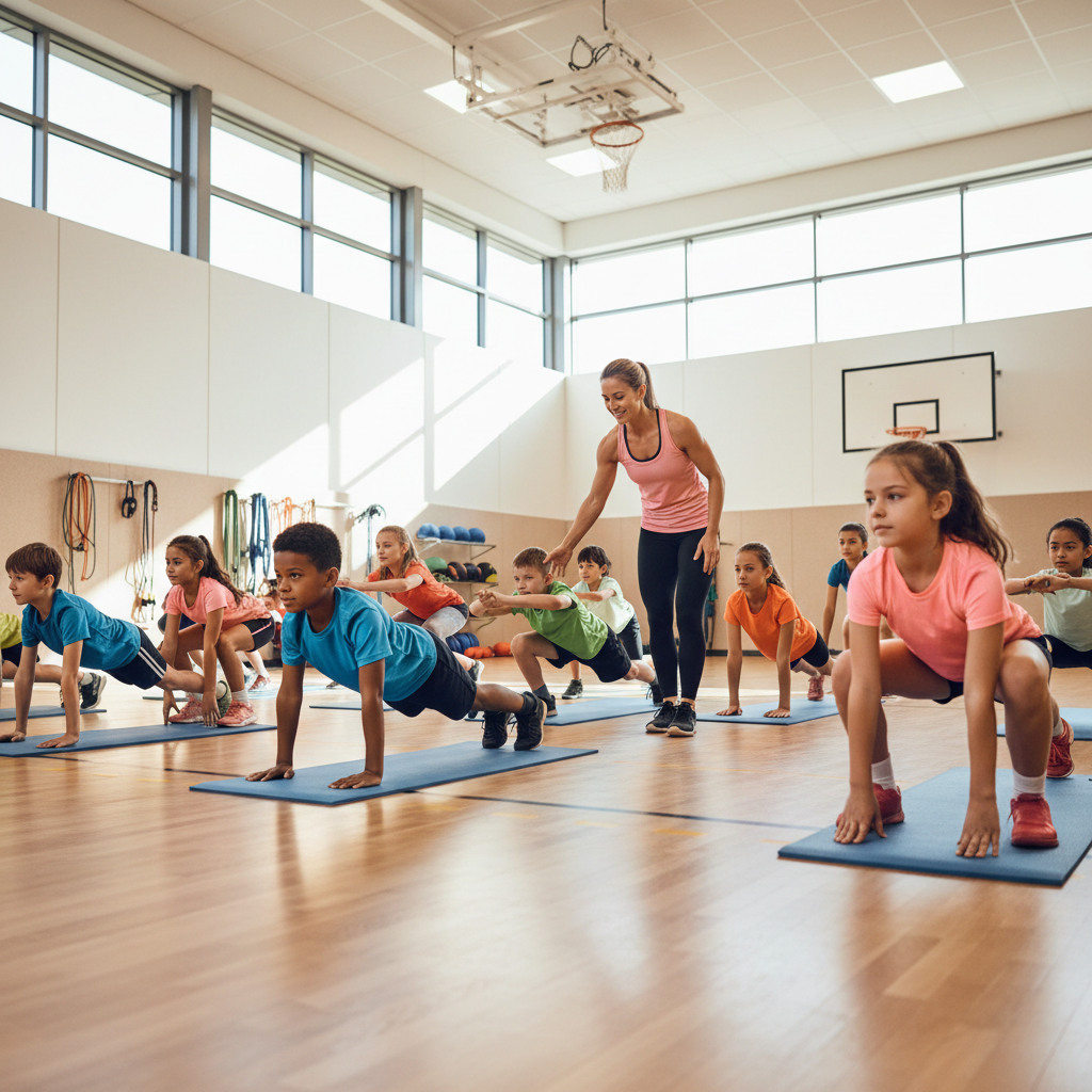 Youth fitness training with a coach in a school gym setting