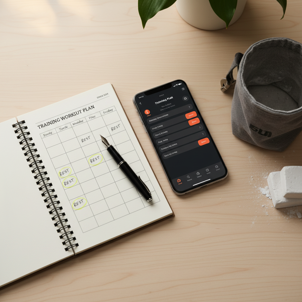 Climbing training journal showing workouts and rest days