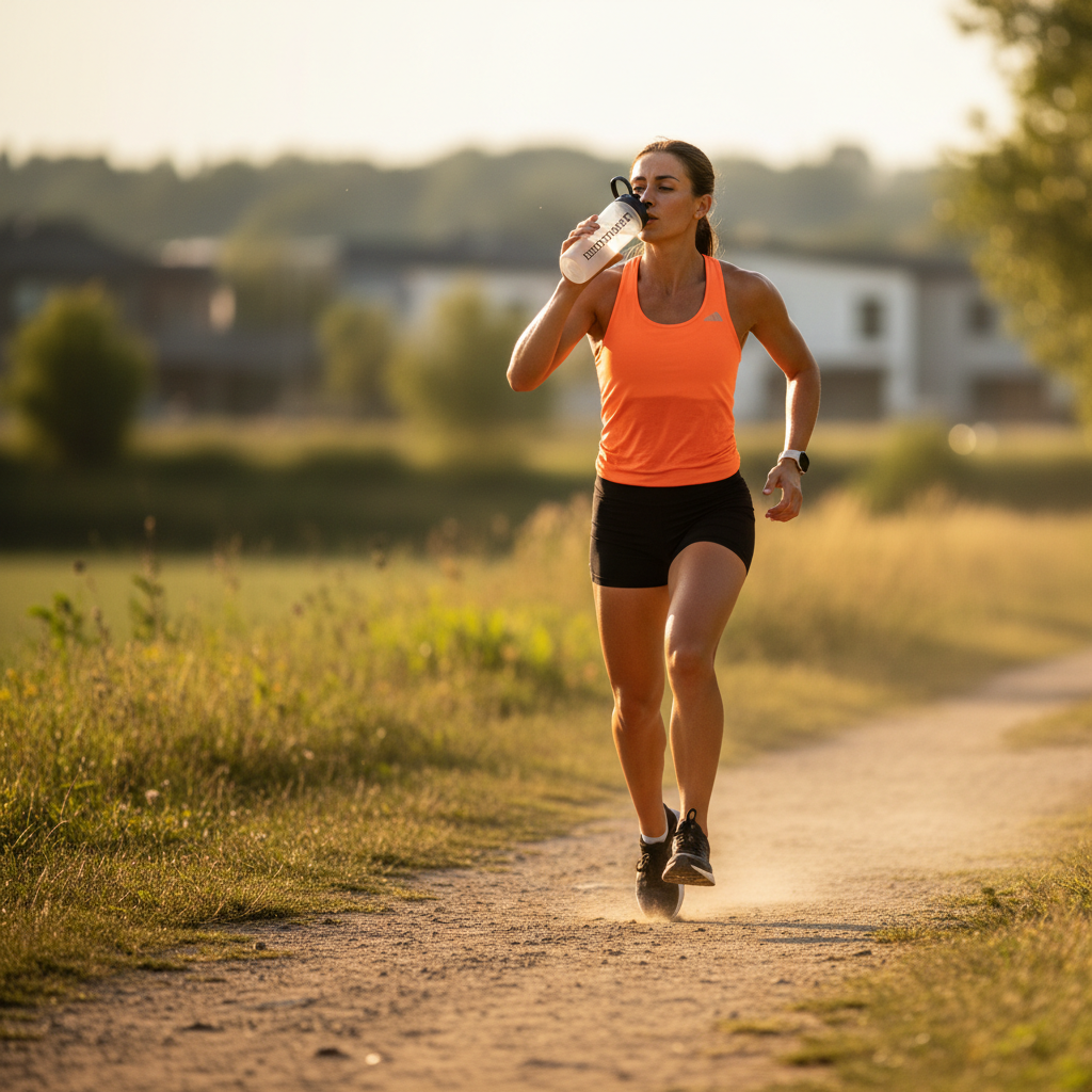 Runner sweating during a hot outdoor training session with hydration bottle