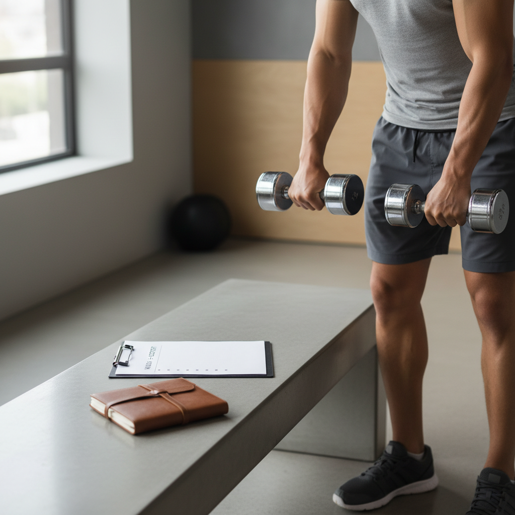 Natural muscle building workout with dumbbells and notebook plan