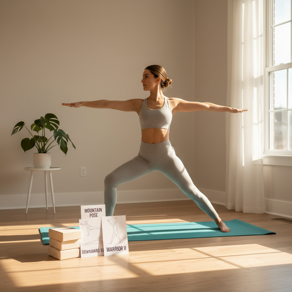 Beginner doing yoga at home with mat and simple pose cues