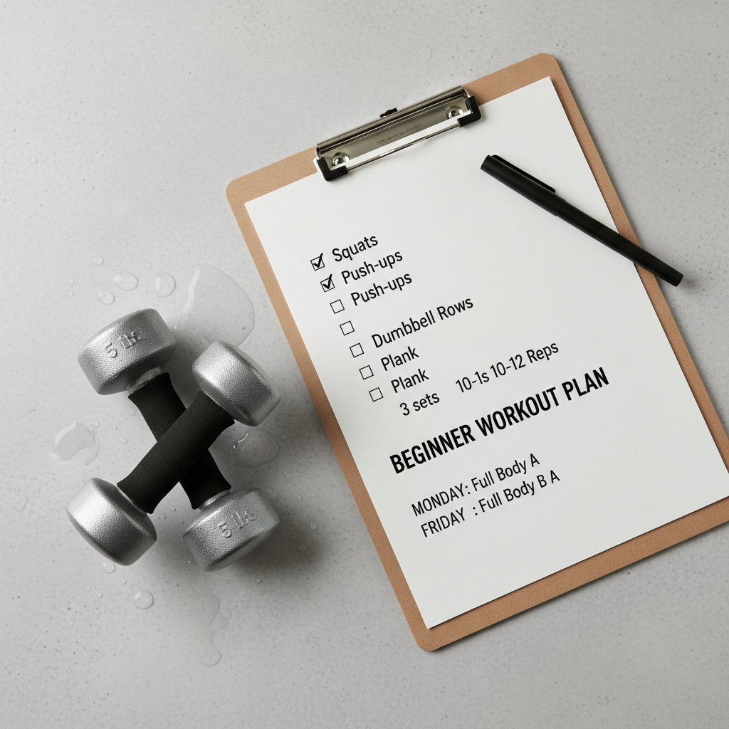Simple beginner weight lifting workout plan checklist on a clipboard