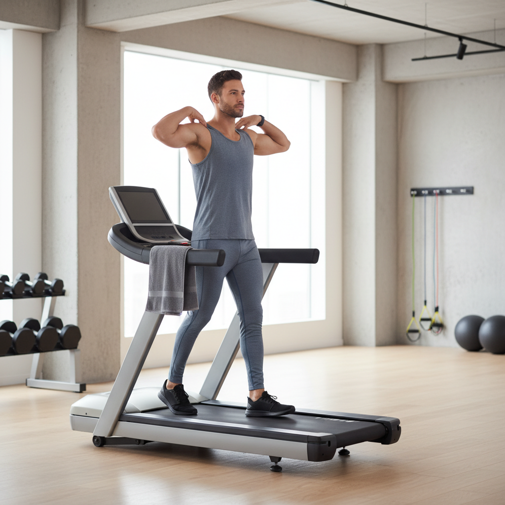 Person cooling down after a gym workout with light walking and stretching